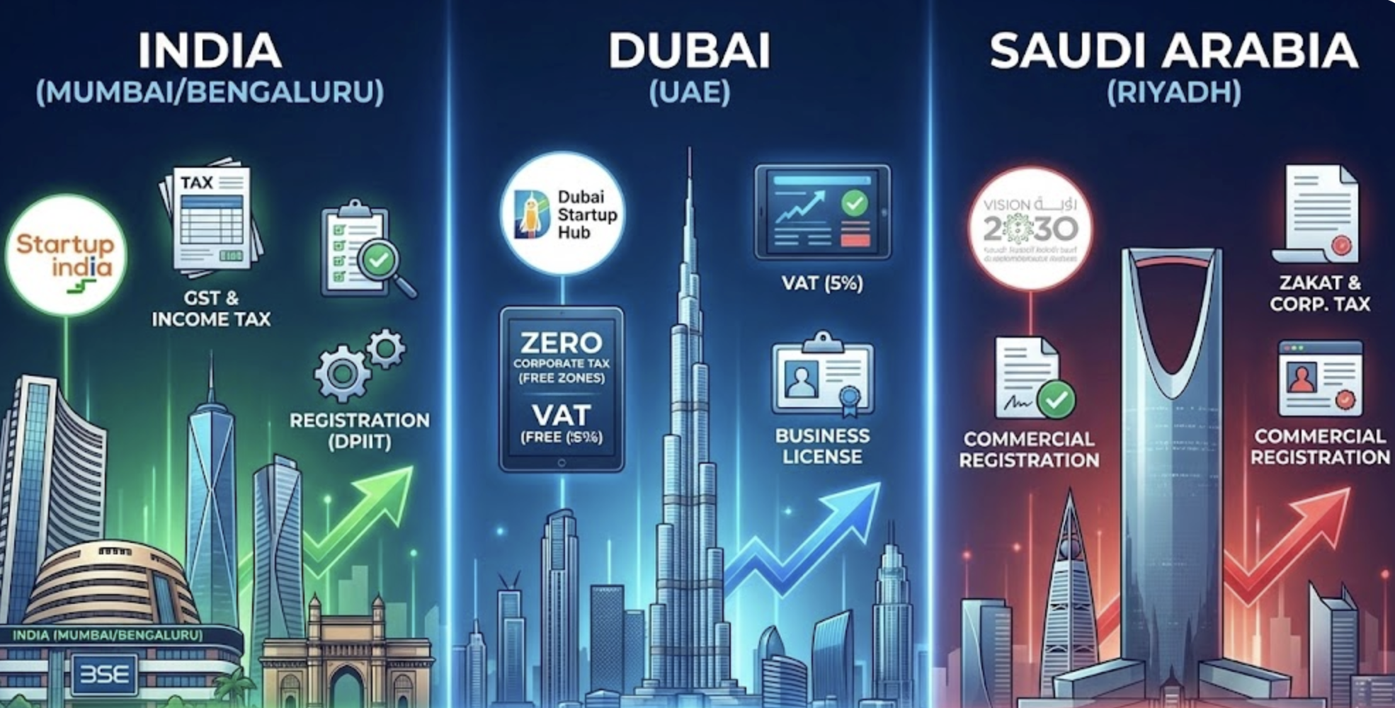 India vs Dubai vs Saudi in 2026: Where Should Startups Really Build? Tax, Registration, Costs & Business Opportunities Compared