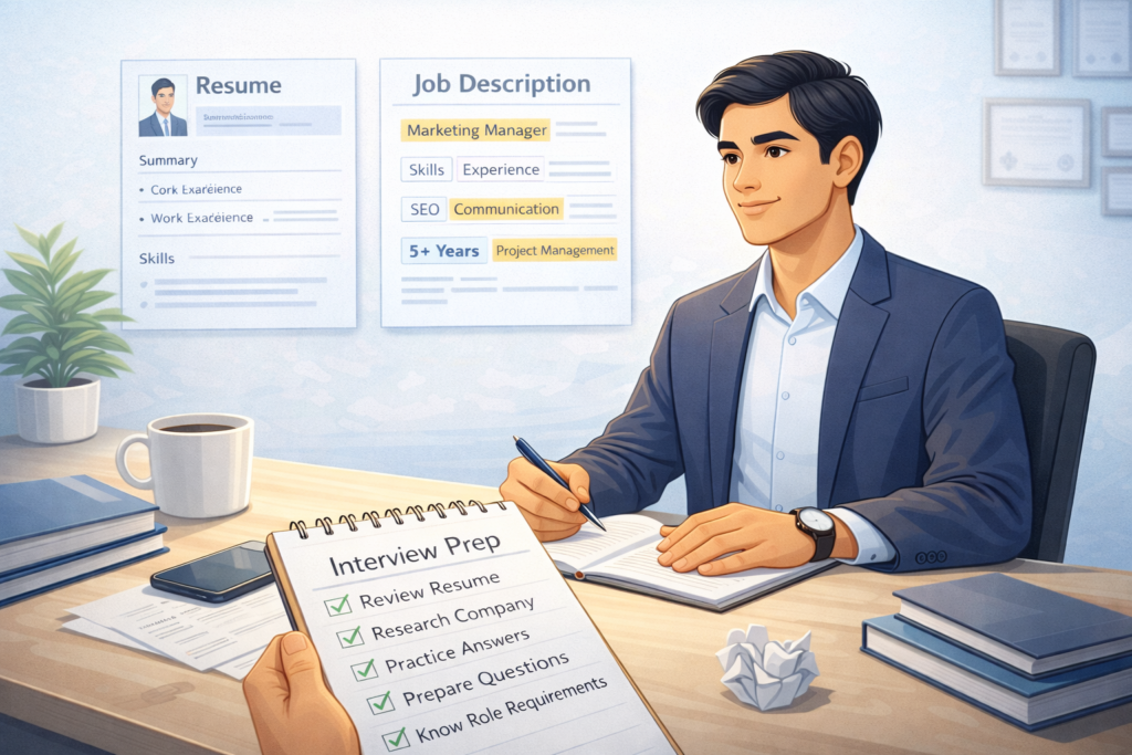 calm and confident professional preparing for interview