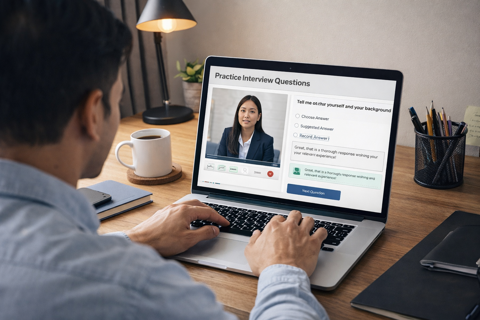 professional practicing interview questions on laptop