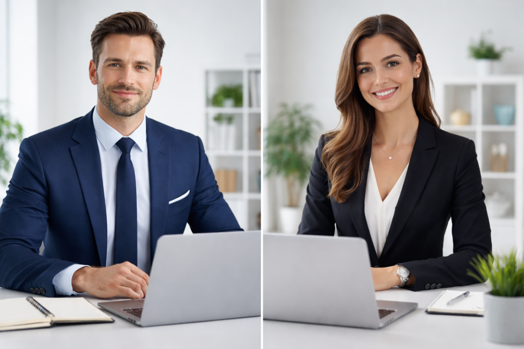 virtual interview setup with professional outfit and clean background