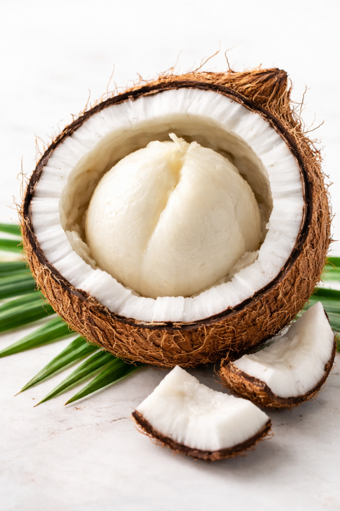 freshly opened mature coconut white coconut apple inside