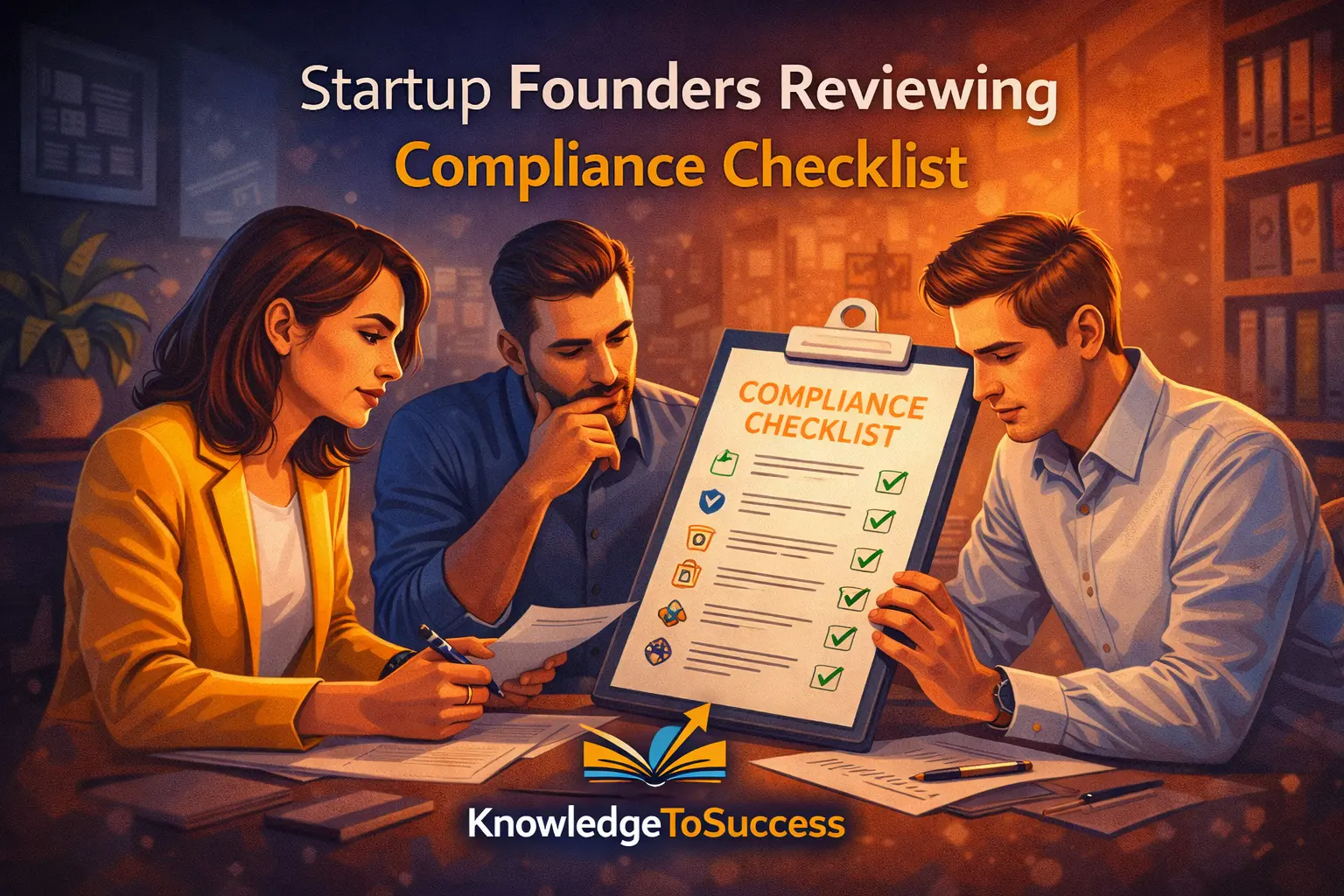 startup founders reviewing compliance checklists