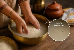 washing rice in a rustic kitchen