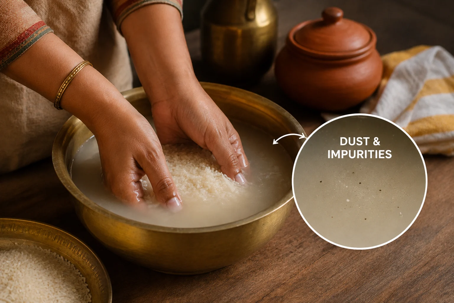 washing rice in a rustic kitchen