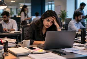 Toxic Workplace signs affecting an employee in a stressful office environment