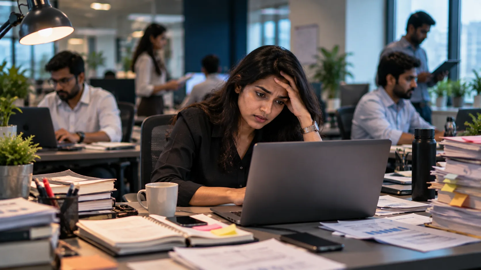 Toxic Workplace signs affecting an employee in a stressful office environment